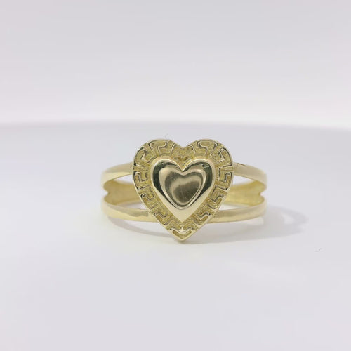 14KT Gold Ring Women's Plain Puff Heart with Greek Border and Plain Split Band