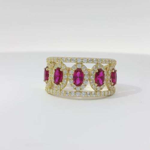 14KT Gold Ring Women's Five Red Center Ovals with White Round CZ Stones Border Spit Band