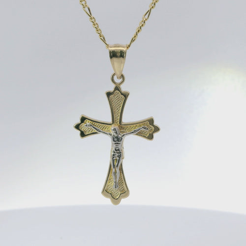 14KT Gold Charm Medium Two Tone Point Flare Ends Crucifix Cross with Plain Bell