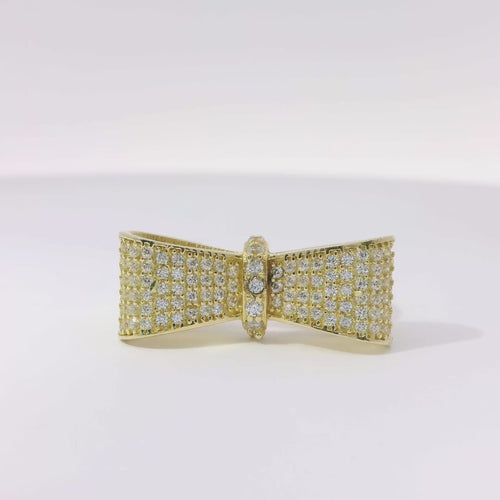 14KT Gold Ring Women's White CZ Stones Bow Shape with Plain Borders and Band
