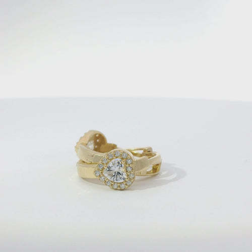 14KT Gold Earring Medium White CZ Stones Heart Center with White CZ Stones Border Huggie