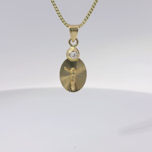 14KT Gold Charm Extra Small Oval Crucifix Sunray Coin with White CZ Stone Top and Plain Bell
