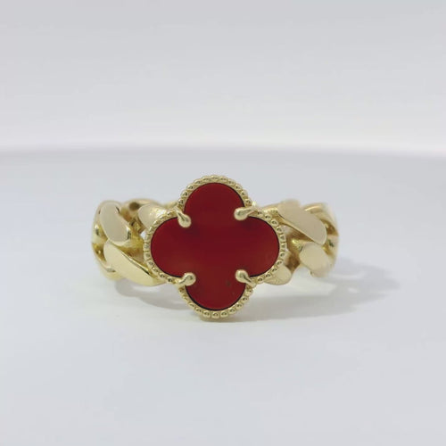 14KT Gold Ring Women's Mini Red Clover with Cuban Link Band