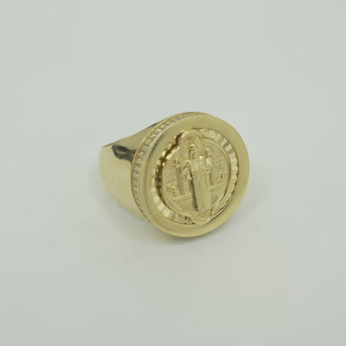 14KT Gold Ring Men's Round St Benito Plain Border Double Row White CZ Stones Side Border Plain Band