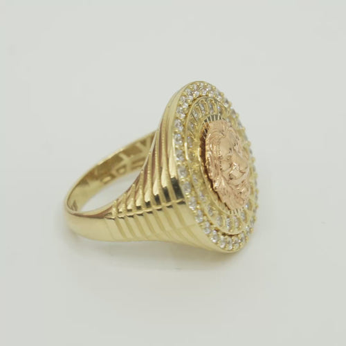 14KT Gold Ring Men's Two Tone Raised Lion Head Portrait Round with Sunray Background with Double Row White CZ Stone Border Band Design Ridged Stripes