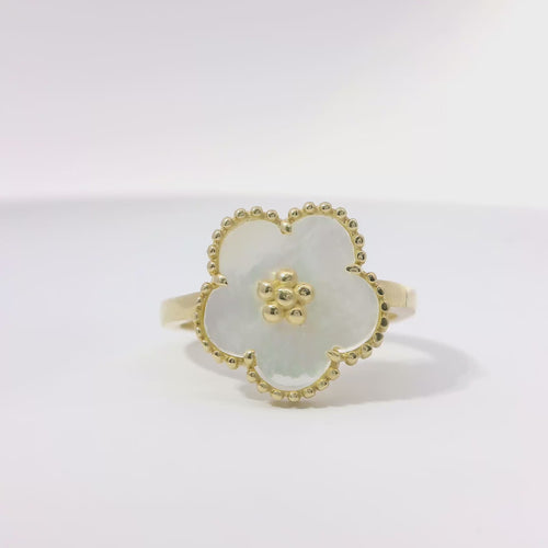 14KT Gold Ring Women's Ring Jumbo Pearl Color Clover with Gold Beaded Center and Plain Band