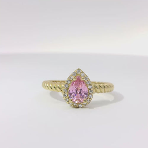 14KT Gold Ring Women's Pink Pear Shape Center CZ Stone White CZ Stones Border Plain Rope Band