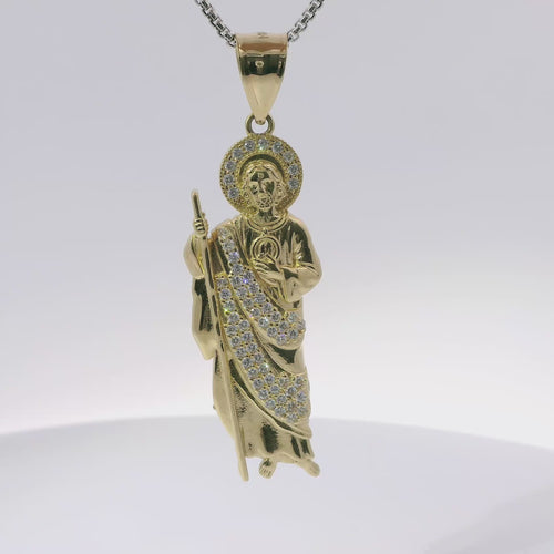 14KT Gold Charm Medium St Jude with Round White CZ Stones Robe and Halo and Plain Bell