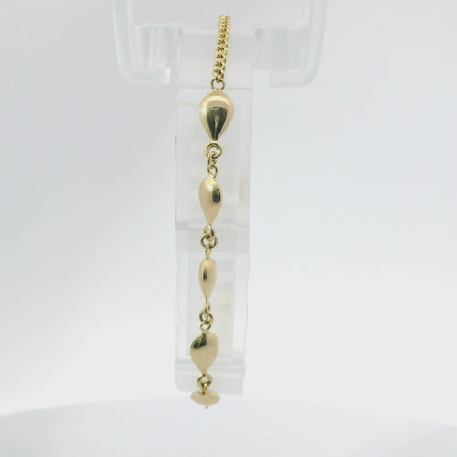 14KT Gold Bracelet Women's Plain Puff Tear Drop Links with Cable Link Band and White CZ Stone End Cable Link Lobster Clasp
