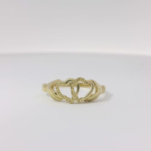 14KT Gold Ring Women's Hands Holding Double Open Heart Band