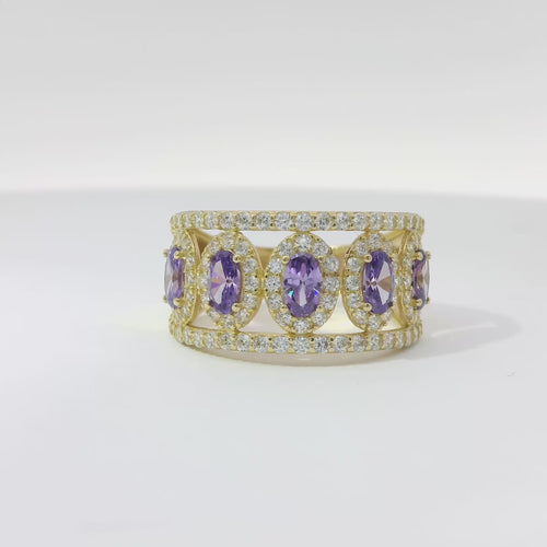 14KT Gold Ring Women's Five Purple Center Ovals with White Round CZ Stones Border Spit Band