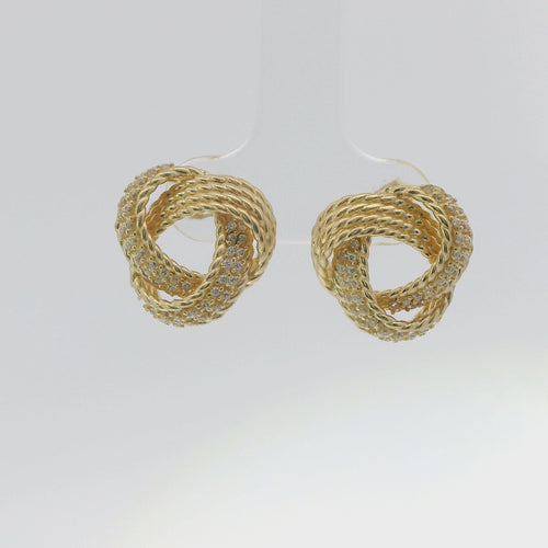 14KT Gold Earrings Medium Open Center Four Strand Flattened White CZ Stones Braided Notched Cords Knot with Push Back Post and Butterfly Backs