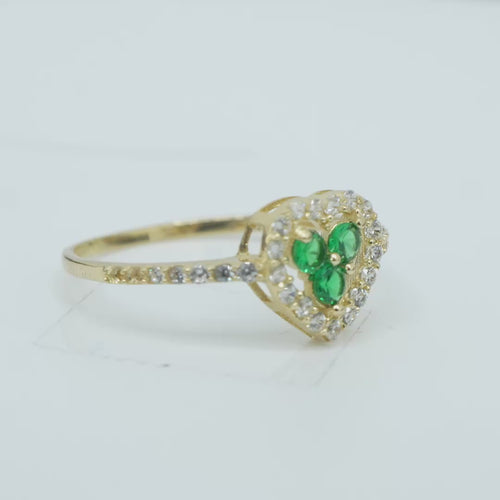 14KT Gold Ring Women's Three Dark Green Round Center CZ Stones Open Heart Outline Border White CZ Stones Band