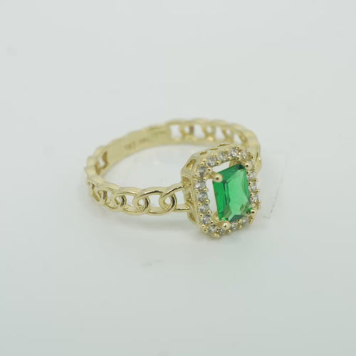 14KT Gold Ring Women's Dark Green Rectangle Center Stone with White CZ Stone Border and Chino Link Band
