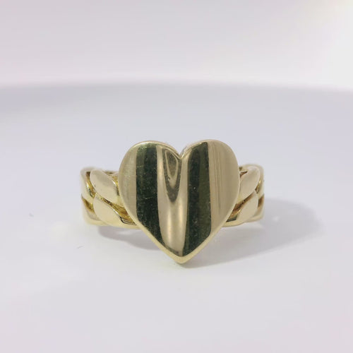 14KT Gold Ring Women's Curved Engravable Plain Heart Shape Center with Cuban Link Band