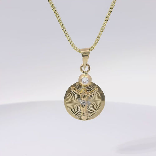 14KT Gold Charm Small Two Tone Round Sunray Crucifix Coin with White CZ Stone Top and Plain Bell
