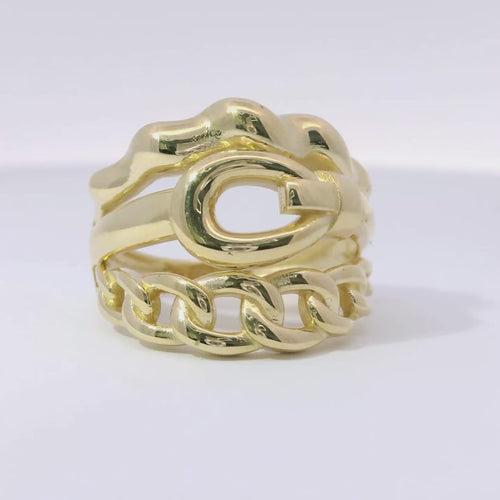 14KT Gold Ring Women's Three Band Design Top Band Bubble Bamboo Middle Band Belt Buckle Lower Band Miami Link