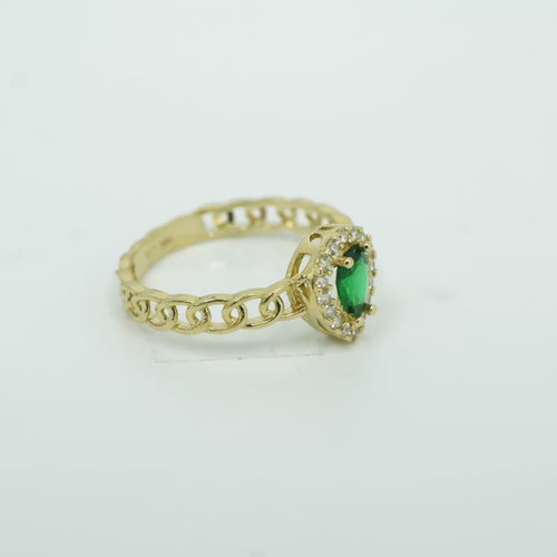 14KT Gold Ring Women's Pear Dark Green Center Stone with White CZ Stone Border Chino Band
