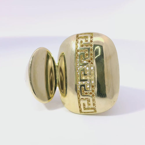 14KT Gold Ring Women's Abstract Greek Etched Center Rectangle Next to Plain Oval with Plain Mock Split Band