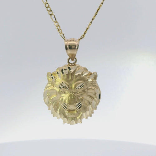 14KT Gold Charm Medium Diamond Cut Lion Head with Plain Bell