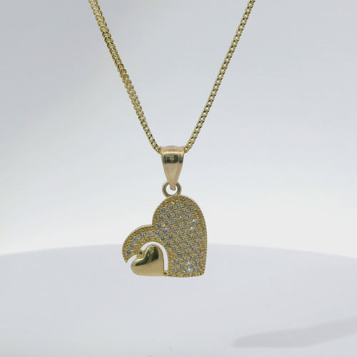 14KT Gold Charm Medium White CZ Stones Heart with Smaller Plain Heart on Left Side with Plain Bell