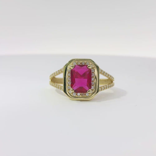 14KT Gold Ring Women's Red Rectangle Center CZ with Round White CZ Stone Border and Plain Octagon Border with Split CZ Stone Band
