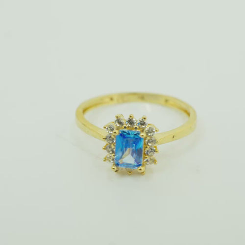 14KT Gold Ring Women's Flower Rectangle Turquoise Center Stone with White CZ Stone Petals Border Plain Band