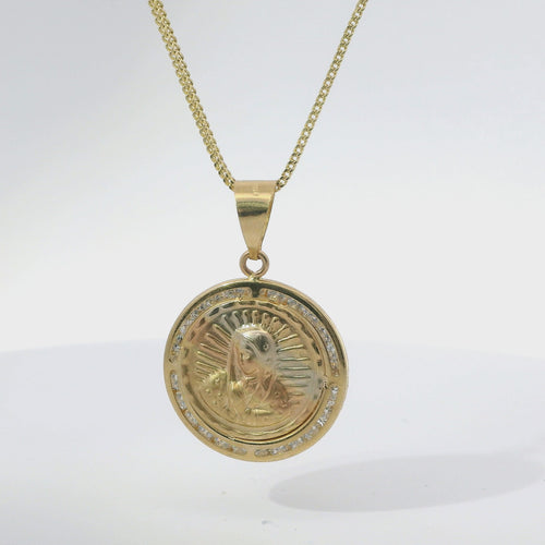 14KT Gold Charm Medium Tri Tone Puff Virgin Mary Coin with White CZ Stone Border and Plain Bell