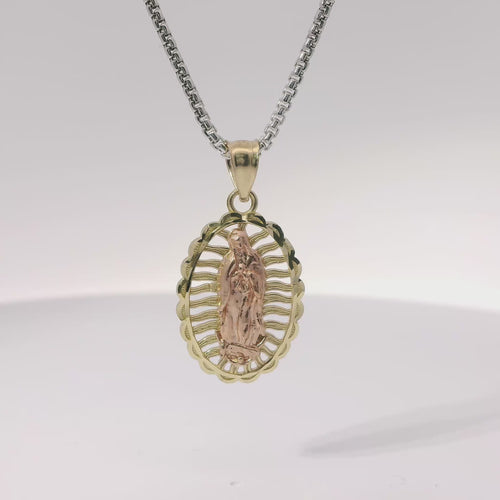14KT Gold Charm Medium Two Tone Open Stripe Virgin Mary Oval with Diamond Cut Border and Plain Bell
