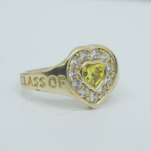 14KT Gold Ring Women's "Class of 2025" Yellow Center Heart CZ Stone White CZ Stones Border Plain Band