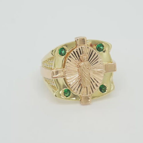 14KT Gold Ring Men's Two Tone Square/Oval St. Jude with Sunray Background and Corner Design One Green CZ Stone Shank Design Double Row White CZ Stone Interlocking Top/Side Cross