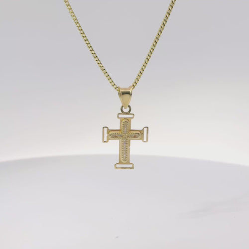 14KT Gold Charm Extra Small White CZ Stone Cross Center with Plain Open Buckle Ends Border and Plain Bell