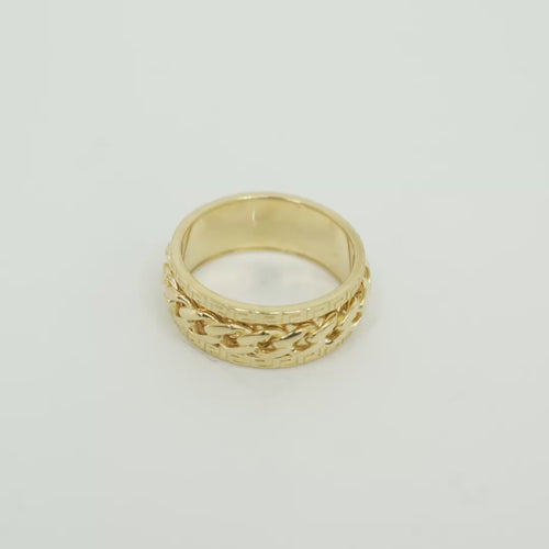 14KT Gold Ring Men's Band Mini Cuban Link Spinner Greek Border