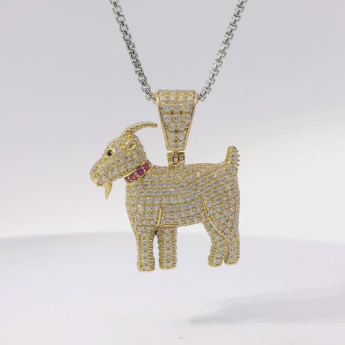 14KT Gold Charm Medium 3D Goat with Flat Back Green CZ Stone Eye, Dark Pink CZ Stones Collar, and White CZ Stones Body and Bell