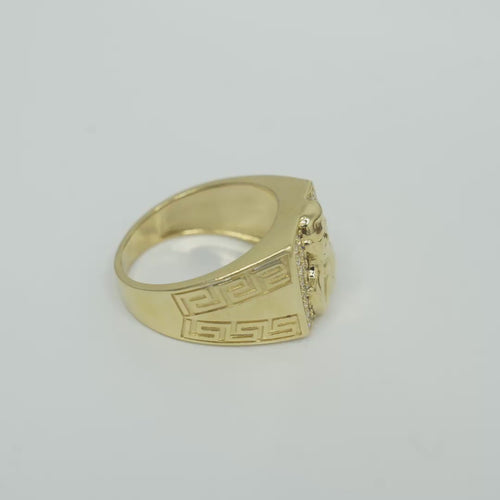 14K Gold Ring Men's Square Malverde with Eight Rows of White CZ Stones Greek Style V Shape on Each of the Sides