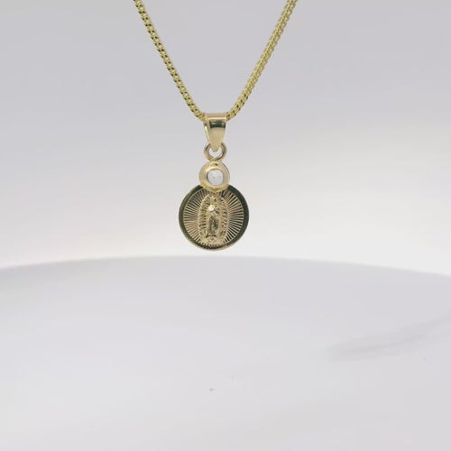 14KT Gold Charm Extra Small Round Sunray Virgin Mary Coin with White CZ Stone Top and Plain Bell