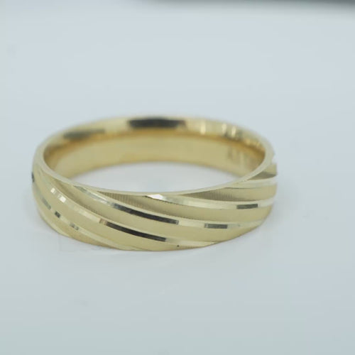 14KT Gold Ring Unisex Solid Domed Diagonal Plain Matt / Glossy Etched Twisted Stripes Band 6mm