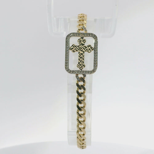 14KT Gold Bracelet Women's Single Charm Two Tone Diamond Cut Cross with Rectangle White Gold CZ Stones Border and White CZ Stone End Cuban Link Lobster Clasp Band