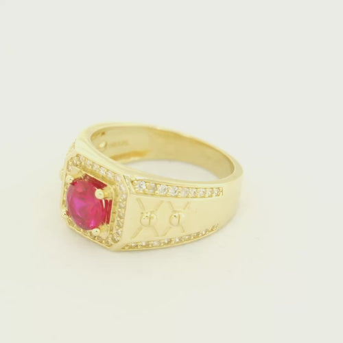 14KT Gold Ring Men's Square Red Round CZ Stone White CZ Stones Square Border with Side Design White CZ Stones Framing Two Dots in Center of "X" Design