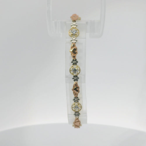 14KT Gold Bracelet Women's Tri Tone Tennis with Alternating White CZ Stones, Flowers, and Double Horizontal Hearts Pattern with Beaded Border and Lobster Clasp