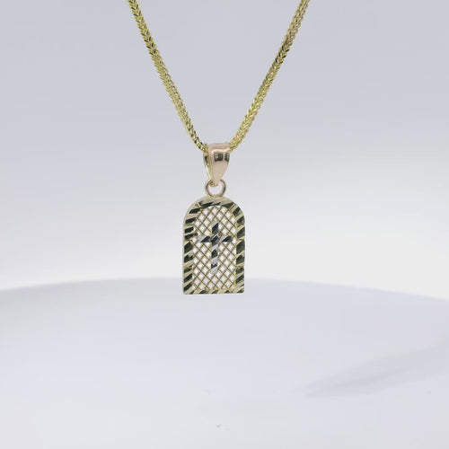 14KT Gold Charm Extra Small Two Tone Cross Diamond Cut Lattice Square Archway and Plain Bell