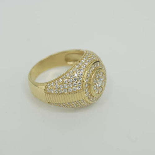 14KT Gold Ring Men's Round Double Platform Cluster Eight White CZ Stones Center with Plain Platform Ribbed Frame Side Design Pave Galaxy Formation White CZ Stones with Plain Ladder Print on Band