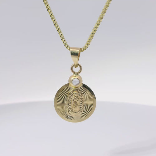 14KT Gold Charm Small Round Sunray Virgin Mary Coin with White CZ Stone Top and Plain Bell