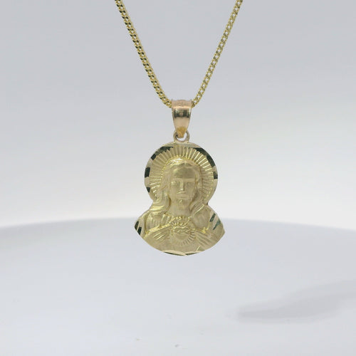 14KT Gold Charm Medium Diamond Cut Jesus Portrait Holding Coin with Plain Bell