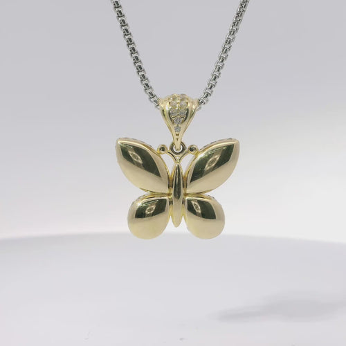14KT Gold Charm Small 3D Puff Butterfly with Flat Back White CZ Stones Edge and Bell