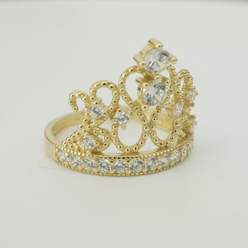 14KT Gold Ring Women's Quincenaera "15" Tall Infinity Loop Tiara 8 White CZ Stones with White CZ Stones Band