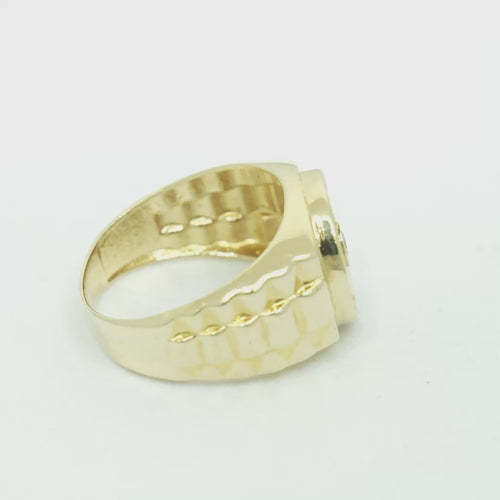 14KT Gold Ring Men's Mini Round Onyx Backed White CZ Stone White CZ Stone Border Side Design Jubilee