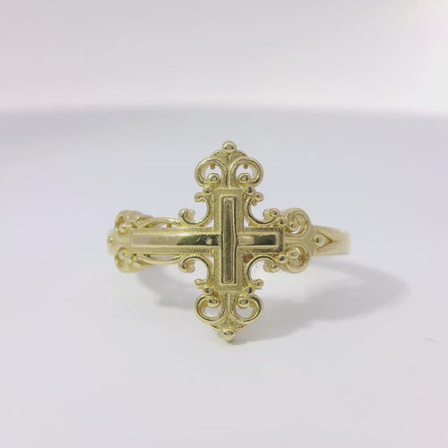 14KT Gold Ring Women's Medium Plain Center Ornate Cross with Plain Mini Split Band