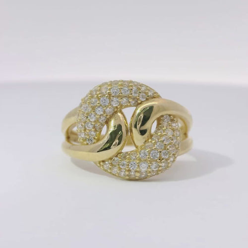 14KT Gold Ring Women's White CZ Stones Center Link with Plain Lasso Loops on Each Side
