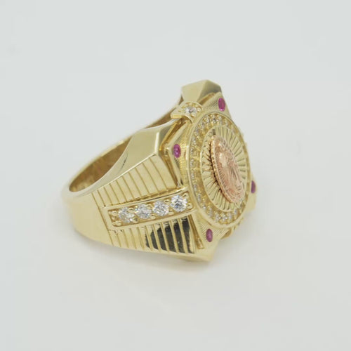 14KT Gold Ring Men's Two Tone Square Raised Virgin Mary with Sunray Background and Single Row White CZ Stone Border Corner Design One Red/Pink CZ Stone Band Design Four White CZ Stones Plain Border Stripe Etched Background